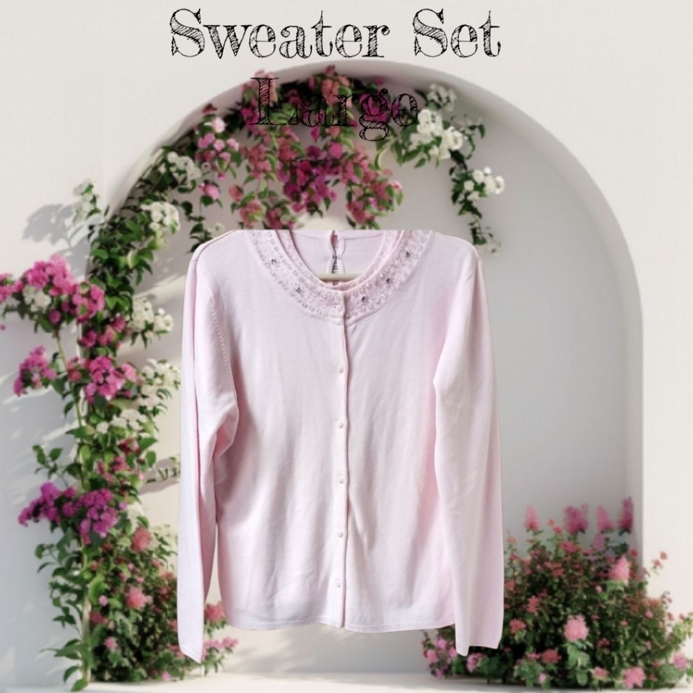 JACLYN SMITH Size Large Classic Beaded Two for one  Baby Pink Cardigan Set  NWOT